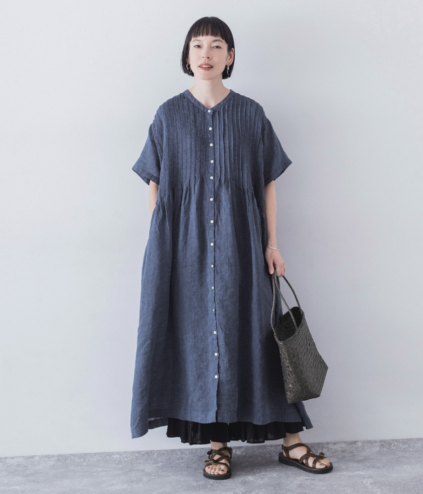 別注｜リネンシャンブレー　前ピンタックワンピース