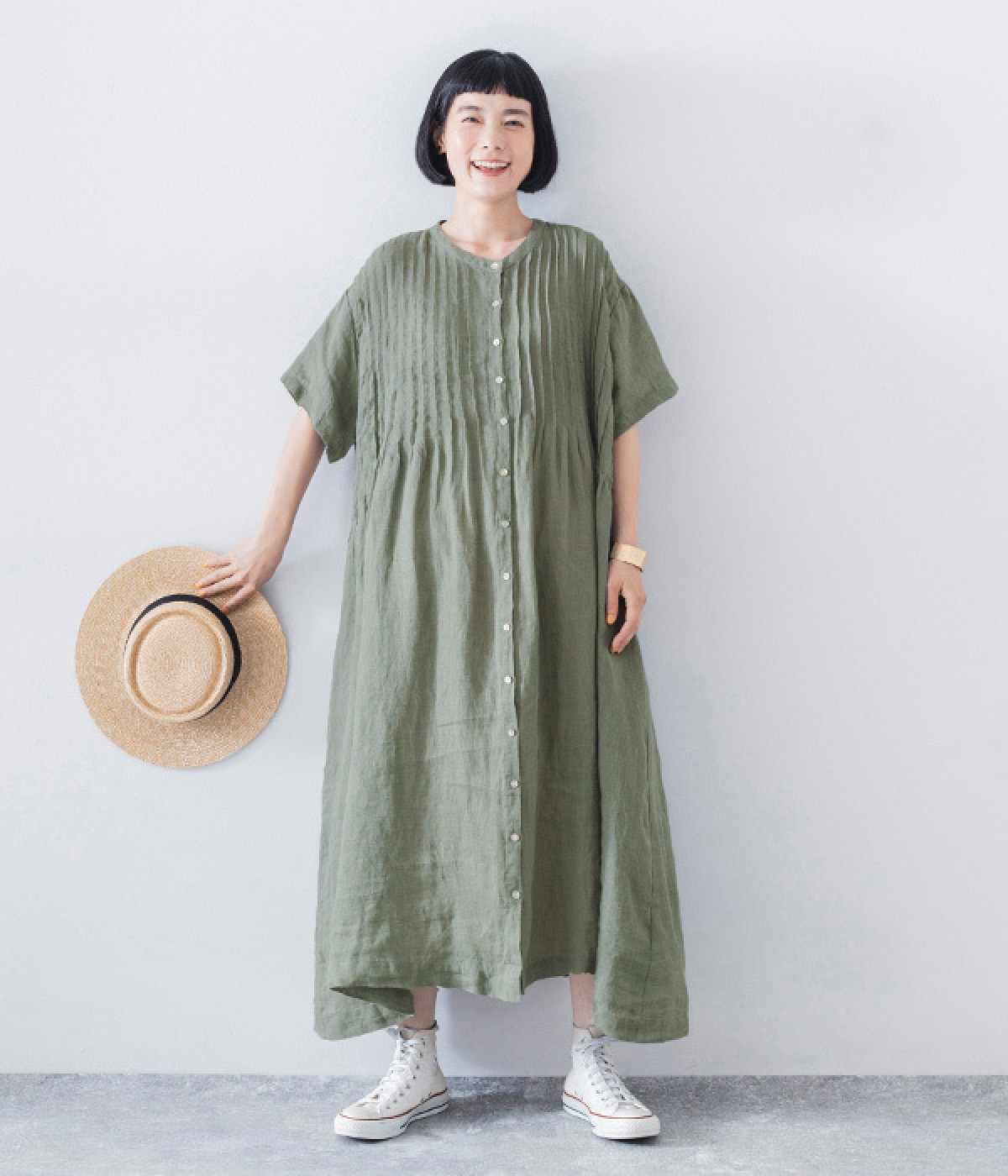 別注｜リネンシャンブレー　前ピンタックワンピース(ダルグリーン-ONESIZE)