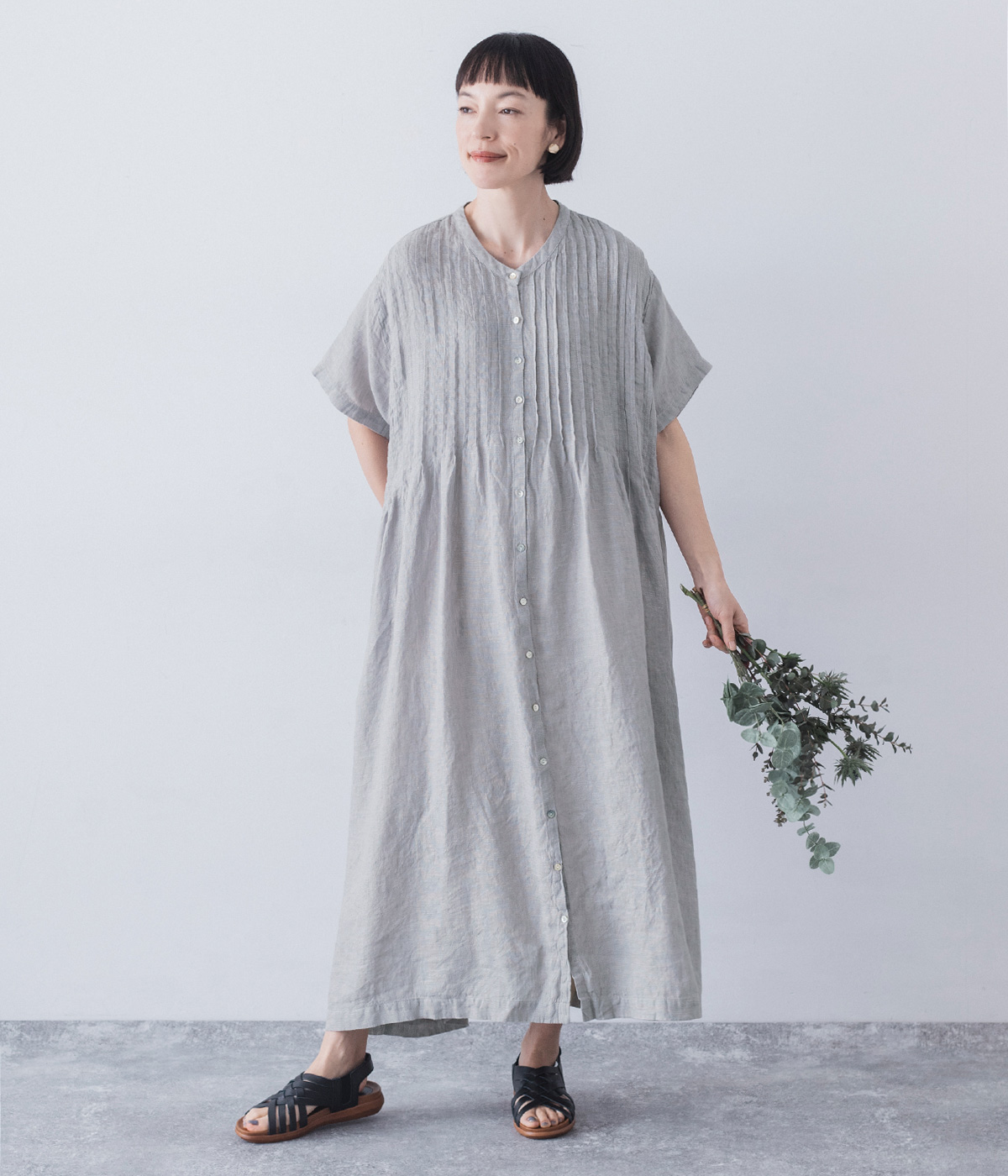 別注｜リネンシャンブレー　前ピンタックワンピース(スチールグレー-ONESIZE)