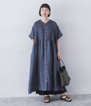 別注｜リネンシャンブレー　前ピンタックワンピース(ブルー-ONESIZE)