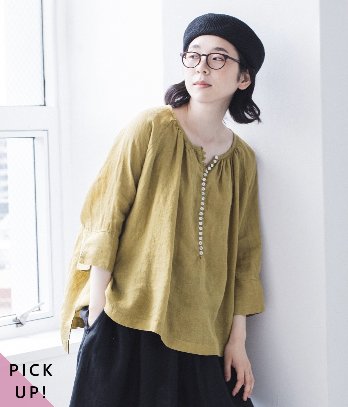 別注｜リネンシャンブレー多ボタンブラウス(マスタード-ONESIZE)