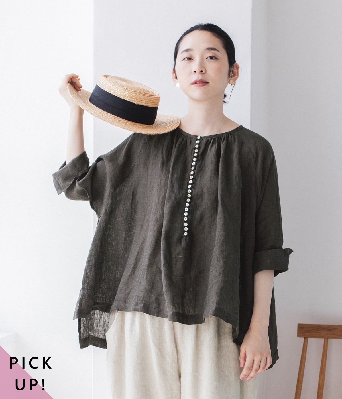 別注｜リネンシャンブレー多ボタンブラウス(チャコール-ONESIZE)