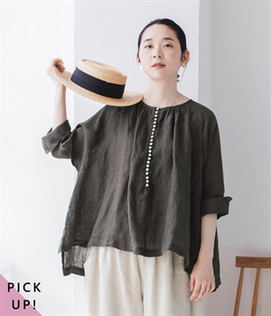 別注｜リネンシャンブレー多ボタンブラウス(チャコール-ONESIZE)