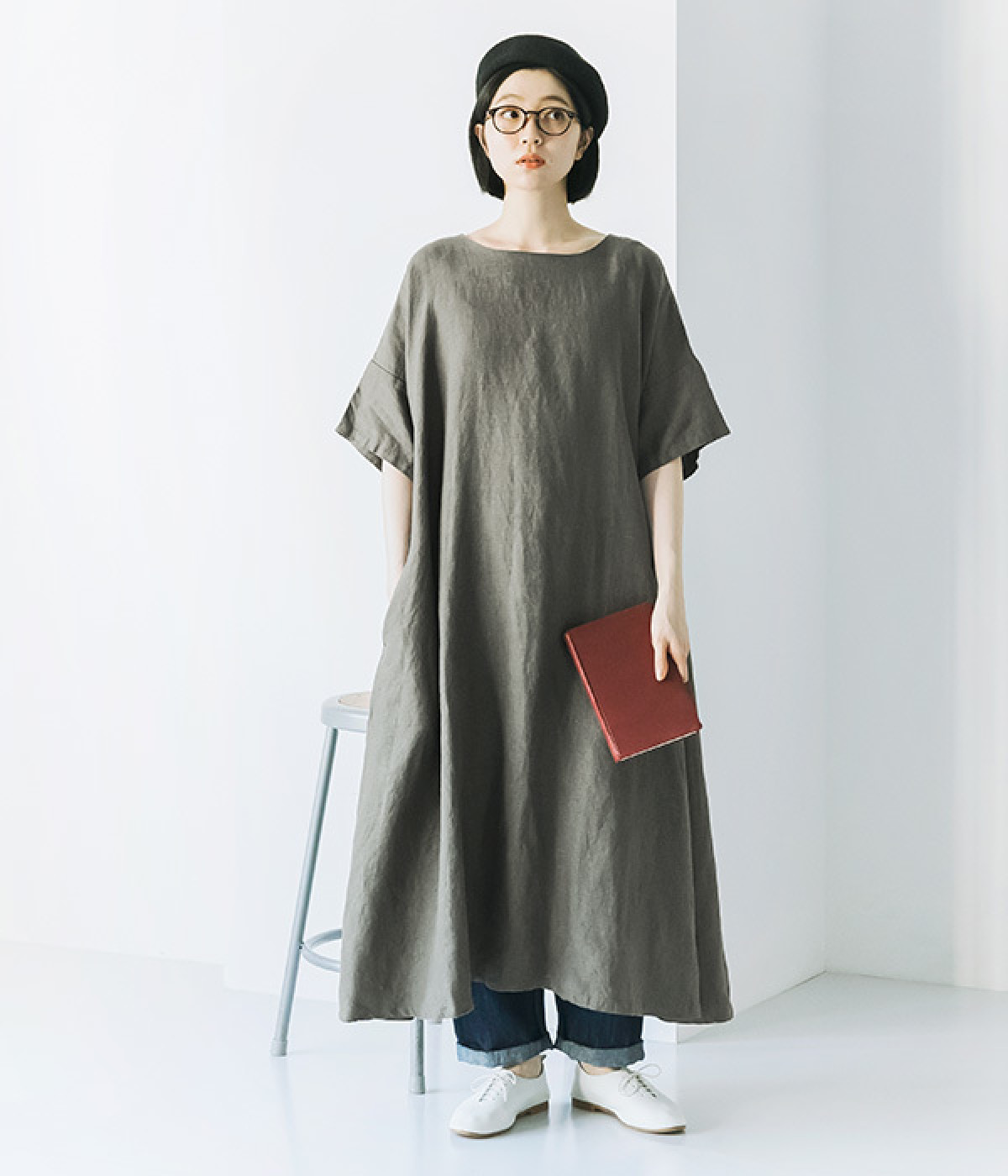 サイドボタンリネンワンピース(チャコール-ONESIZE)