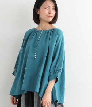 多ボタン袖口ギャザーブラウス(ターコイズ-ONESIZE)