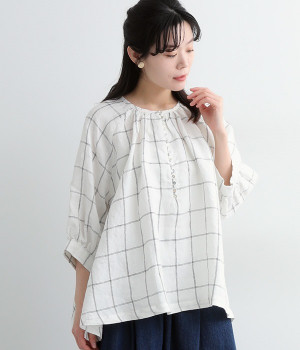 多ボタン袖口ギャザーブラウス(ウインドーペン-ONESIZE)