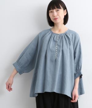 多ボタン袖口ギャザーブラウス(アッシュブルー-F)