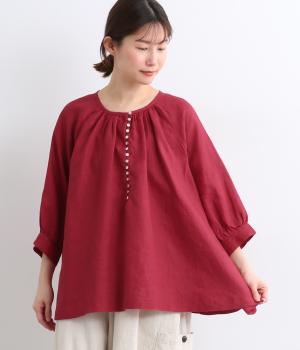 多ボタン袖口ギャザーブラウス(レッド-F)
