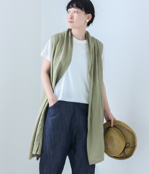 14番手リネン　切り替えガウン羽織(カーキ-ONESIZE)