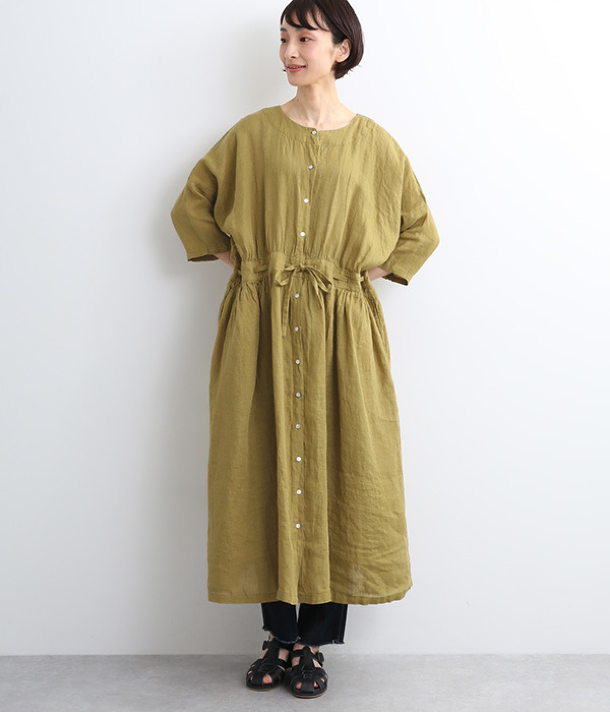 リネンシャンブレー ウエストひもワンピース（08Mab）の商品詳細