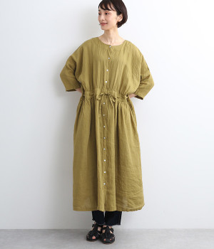 リネンシャンブレー　ウエストひもワンピース
