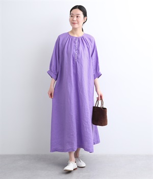 14番手リネン　多ボタンギャザーロングワンピース(ラベンダー-ONESIZE)