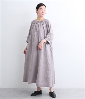 14番手リネン　多ボタンギャザーロングワンピース(スチールグレー-ONESIZE)