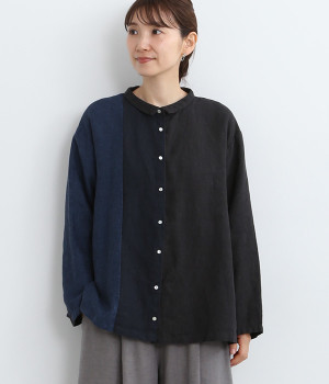 9番手リネン　チビ襟配色切り替えシャツブラウス