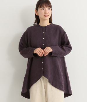 9番手リネン 後あきバンド襟シャツ(パープル-ONESIZE)
