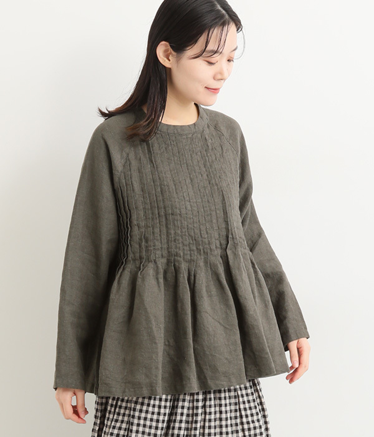 9番手リネン ラグランスリーブピンタックブラウス(チャコール-ONESIZE)