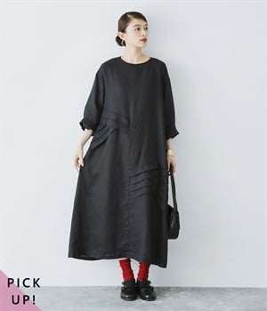 別注｜14番手リネン　タックデザインワンピース(ブラック-ONESIZE)