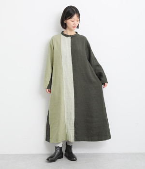 9番手リネン　チビ襟配色切り替えワンピース