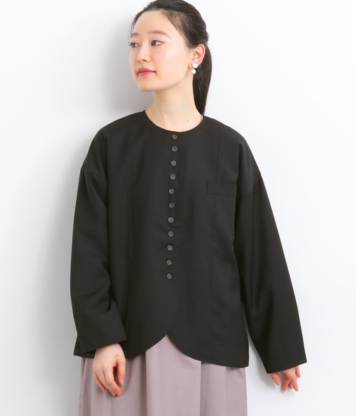 ラウンドネック多ボタンジャケット(ブラック-F)