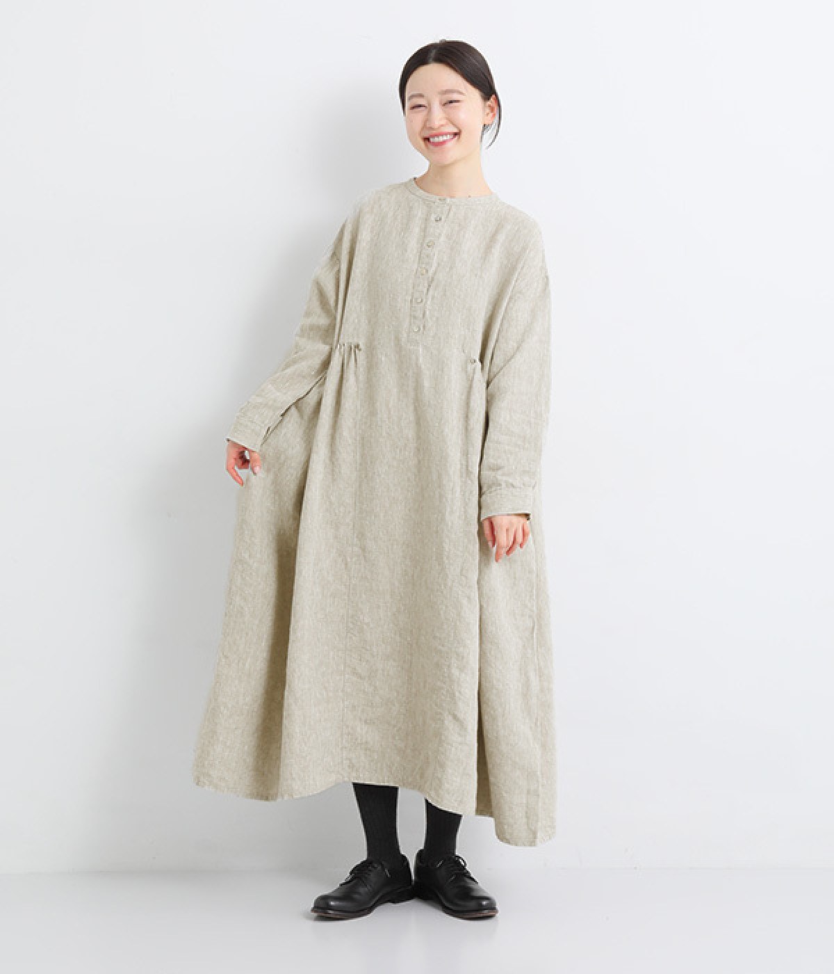 別注｜9番手リネン 2wayヘンリーあきギャザーワンピース（08Mab）の