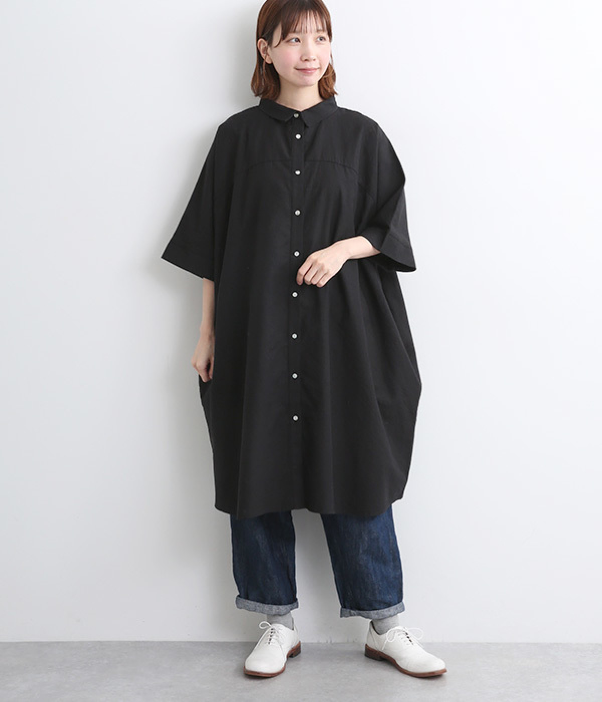 リネンコットンオックスシャツ風チュニック(ブラック-ONESIZE)