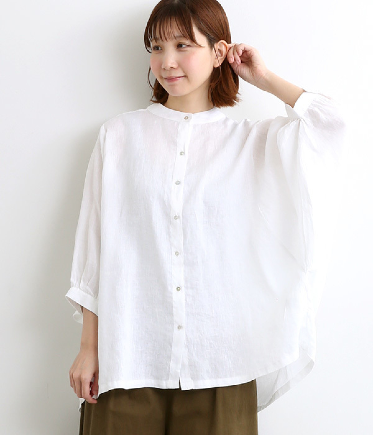 21番手リネンボリューム袖ブラウス(オフホワイト-ONESIZE)