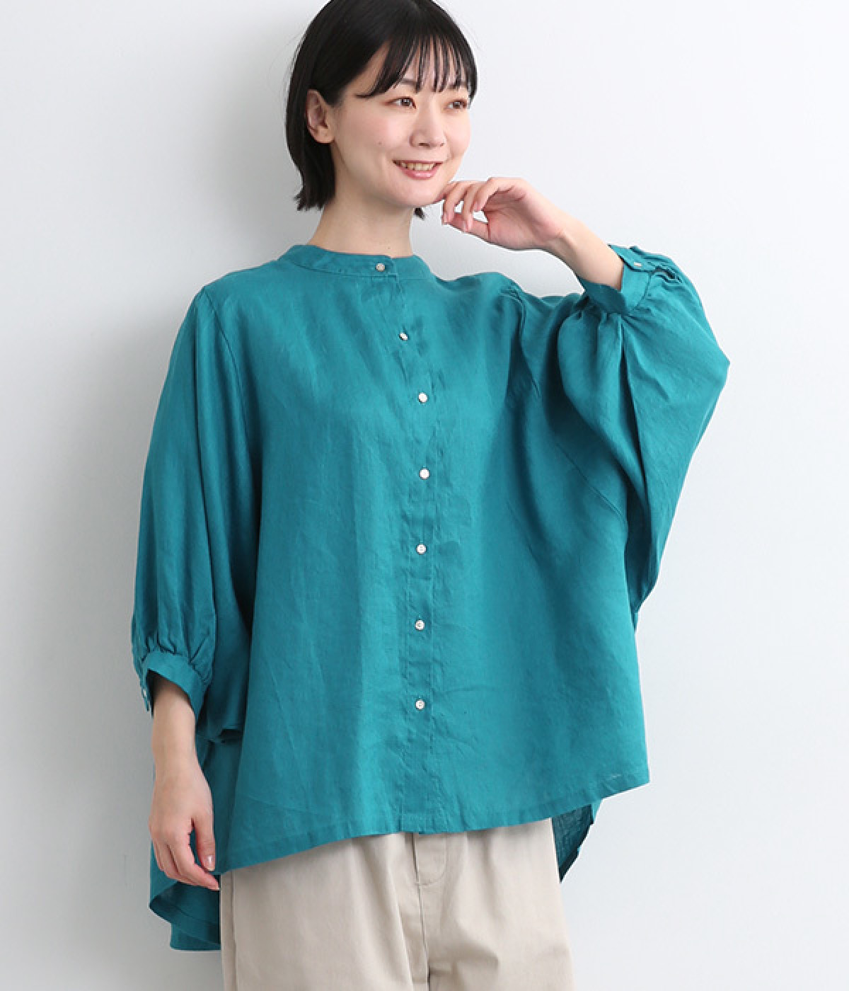 21番手リネンボリューム袖ブラウス(ターコイズ-ONESIZE)