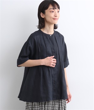 14番手リネン　タックバンドブラウス(ネイビー-ONESIZE)