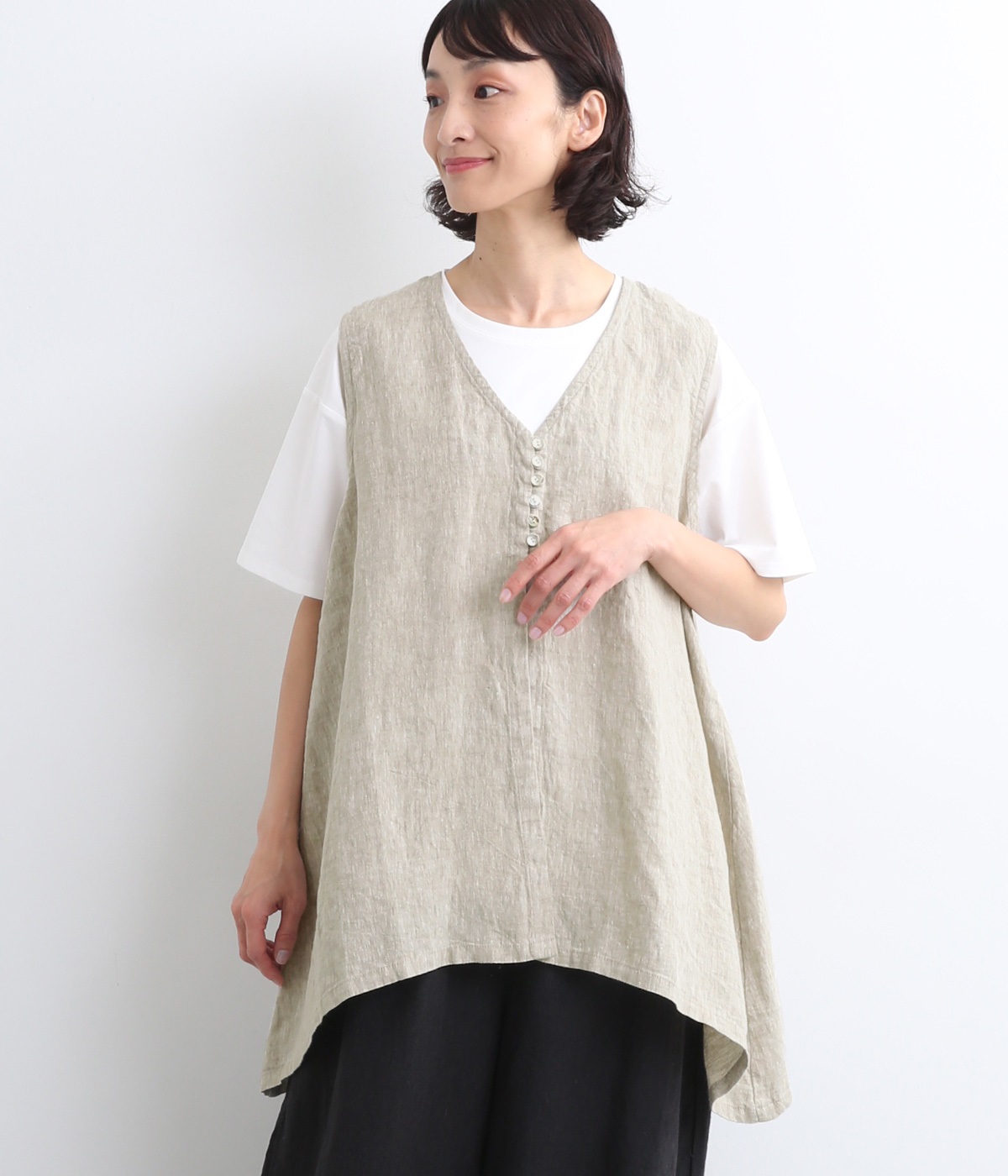 9番手リネン　多ボタンベスト(グレージュ-ONESIZE)