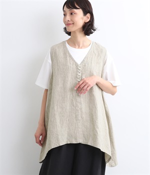 9番手リネン　多ボタンフレアベスト(グレージュ-ONESIZE)
