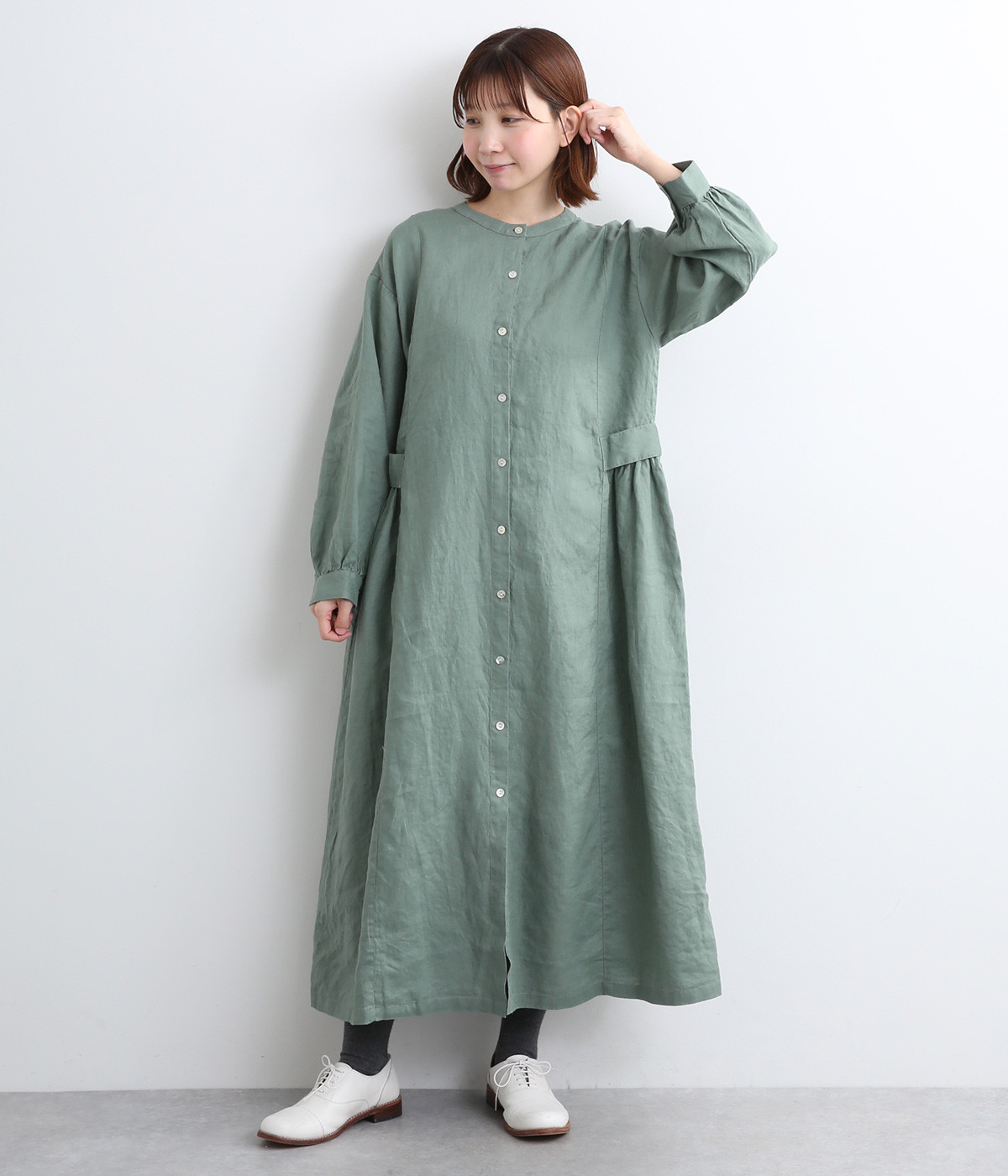 14番手リネンサイドベルト2wayワンピース(ダルグリーン-ONESIZE)