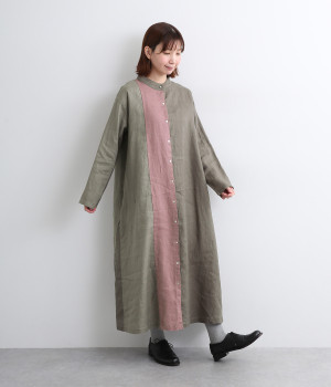 新品値引　08Mab*グレーネイビー系配色切替大人ナチュラルブラウス　麻1015 新品値引 08Mab*グレーネイビー系配色切替大人ナチュラル
