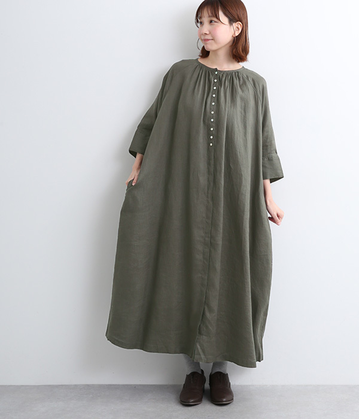 21番手リネン比翼ワンピース(ダークグリーン-ONESIZE)