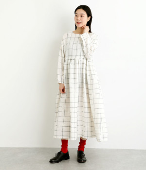 ウエスト切り替えギャザーワンピース(ウインドーペン白-ONESIZE)