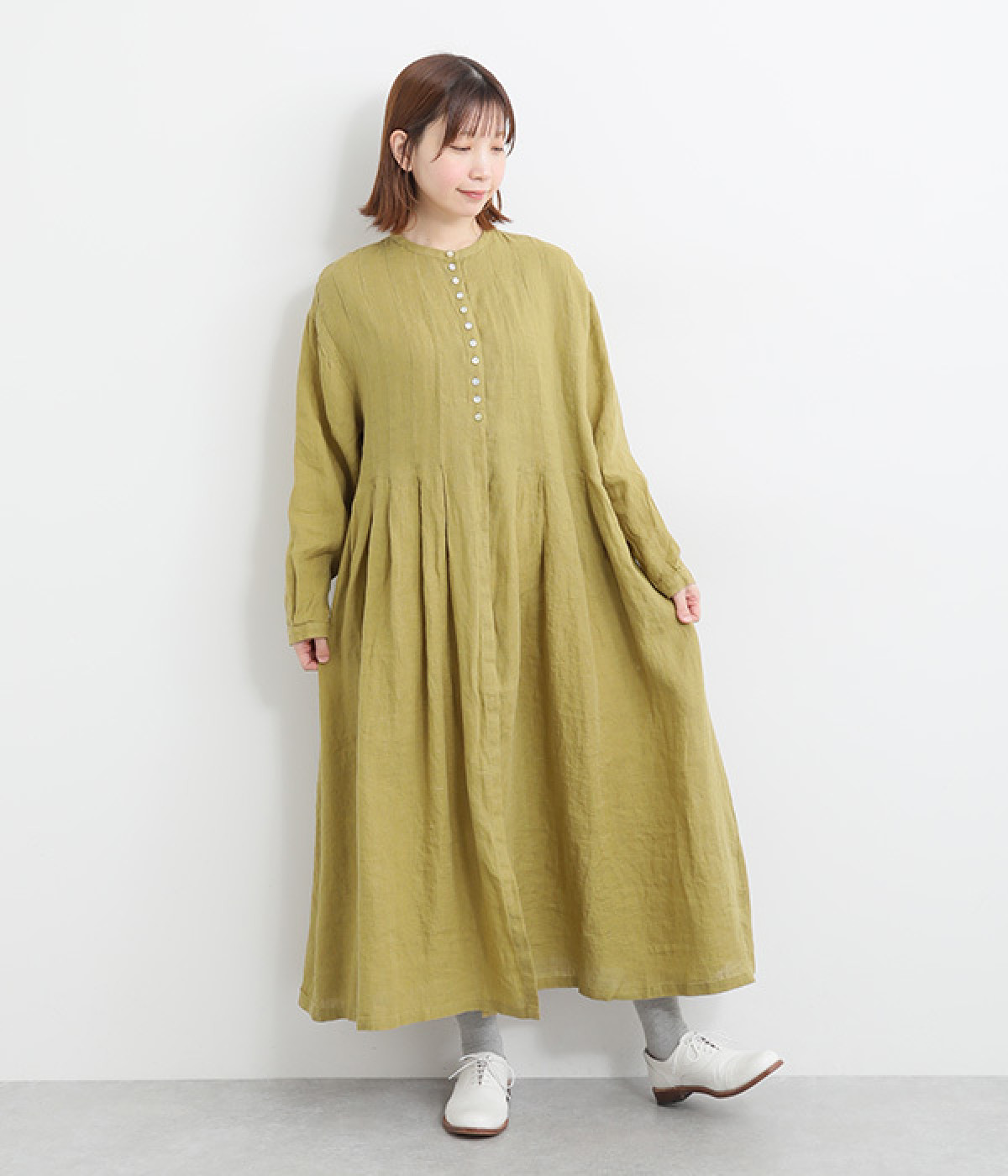 リネンシャンブレータック比翼ワンピース(マスタード-ONESIZE)