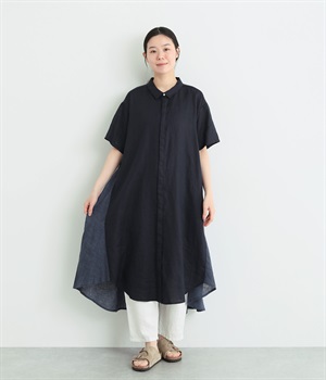 14番手リネン×シャンブレーシャツワンピース(ネイビー×ブルー-ONESIZE)