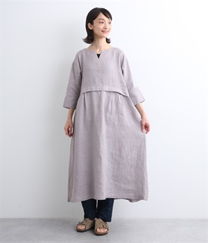 14番手リネン　Vネックあきワンピース(スチールグレー-ONESIZE)