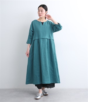 14番手リネン　Vネックあきワンピース(ターコイズ-ONESIZE)