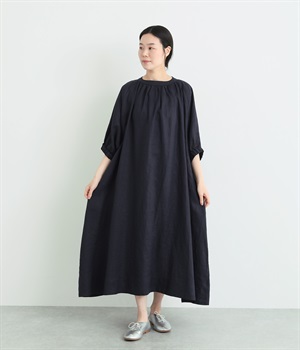 14番手リネン　ゴム付きラグランスリーブワンピース(ネイビー-ONESIZE)