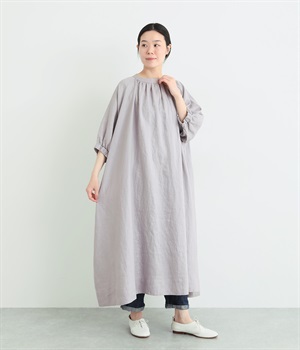 14番手リネン　ゴム付きラグランスリーブワンピース(スチールグレー-ONESIZE)