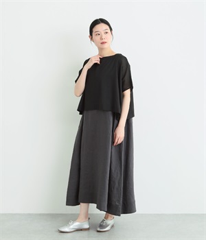 ノースリーブワンピース×重ねトップスセット(アッシュグリーン×ブラック-ONESIZE)