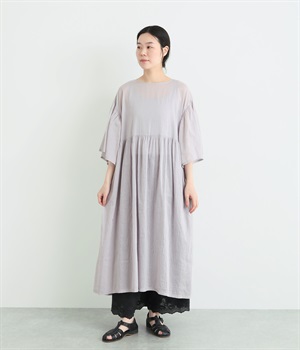 ラミーコットン　ギャザーワンピース(ライトグレー-ONESIZE)