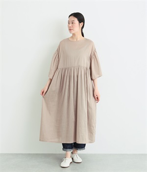 ラミーコットン　ギャザーワンピース(グレージュ-ONESIZE)