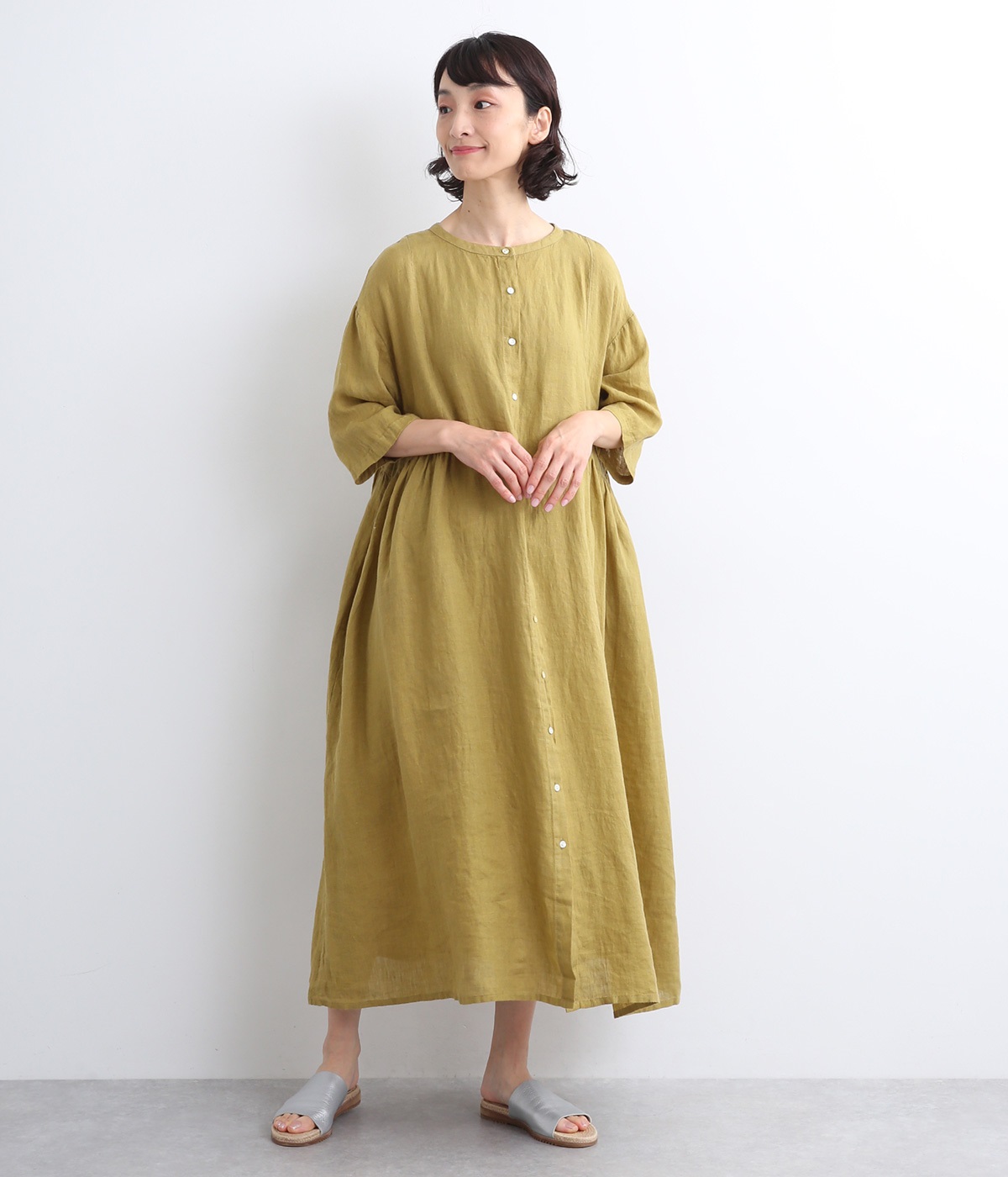 リネンシャンブレー ギャザー切り替えワンピース（08Mab）の商品詳細