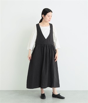 9番手リネン　カシュクールジャンパースカート(ブラック-ONESIZE)