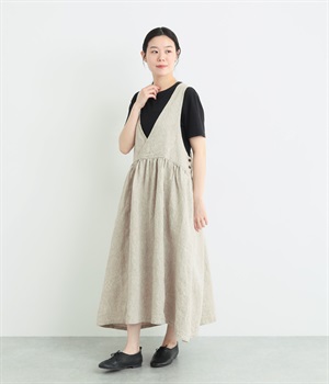 9番手リネン　カシュクールジャンパースカート(グレージュ-ONESIZE)