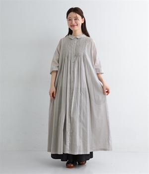 ラミーコットン　ピンタックシャツワンピース(ライトグレー-ONESIZE)