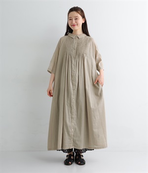 ラミーコットン　ピンタックシャツワンピース(グレージュ-ONESIZE)