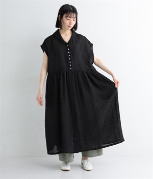 リネンシャンブレー　フレンチスリーブワンピース(ブラック-ONESIZE)