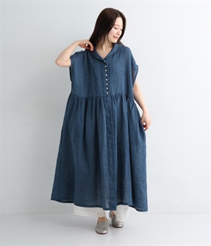 リネンシャンブレー　フレンチスリーブワンピース(ブルー-ONESIZE)